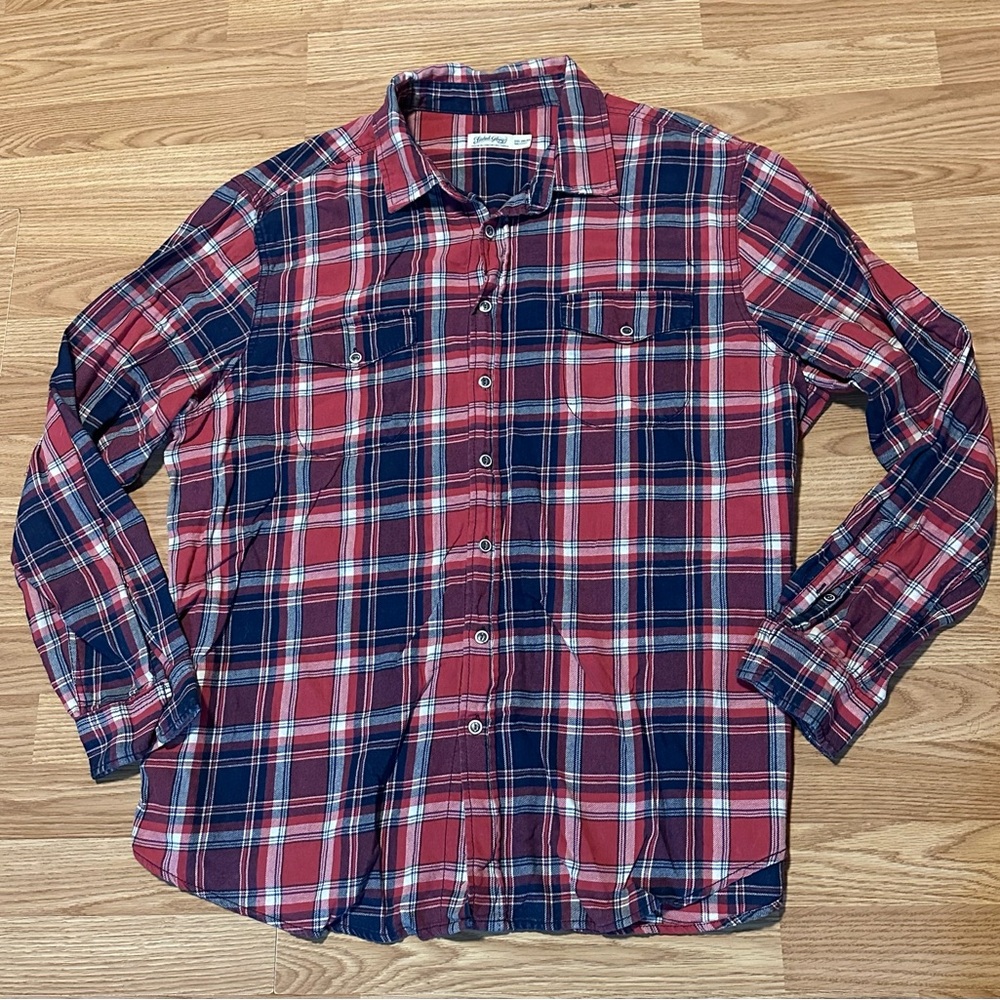 Faded Glory Red, White & Blue Plaid Casual Long Sleeve Button-down Shirt - 2XL